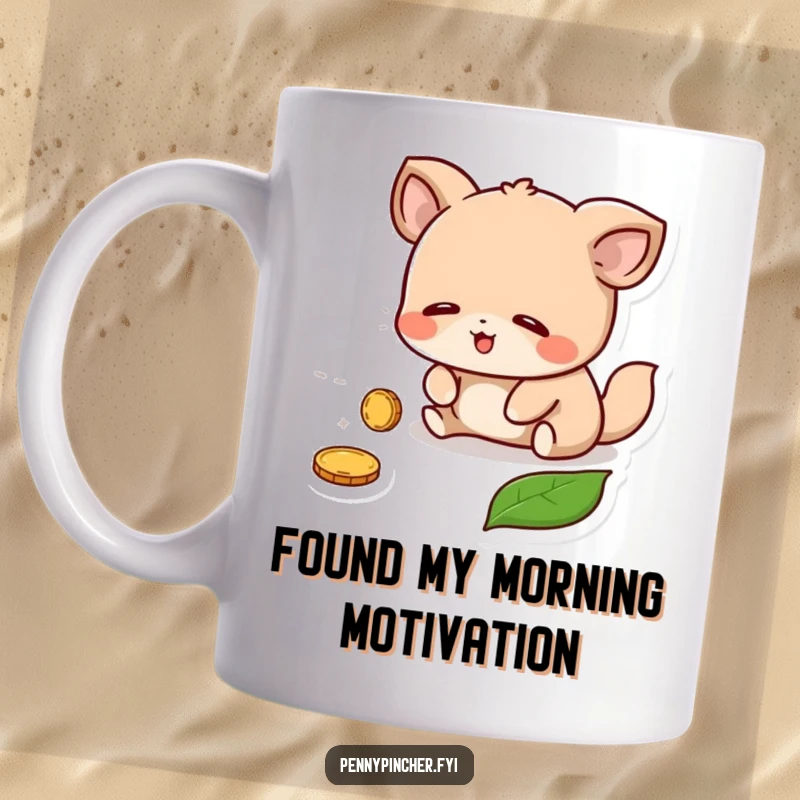 Funny Mug: A relieved animal character joyfully finds a lost coin hidden beneath a single green leaf.