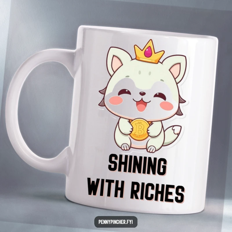 Funny beaming animal character proudly wearing a shiny coin as elegant jewelry on this delightful mug.