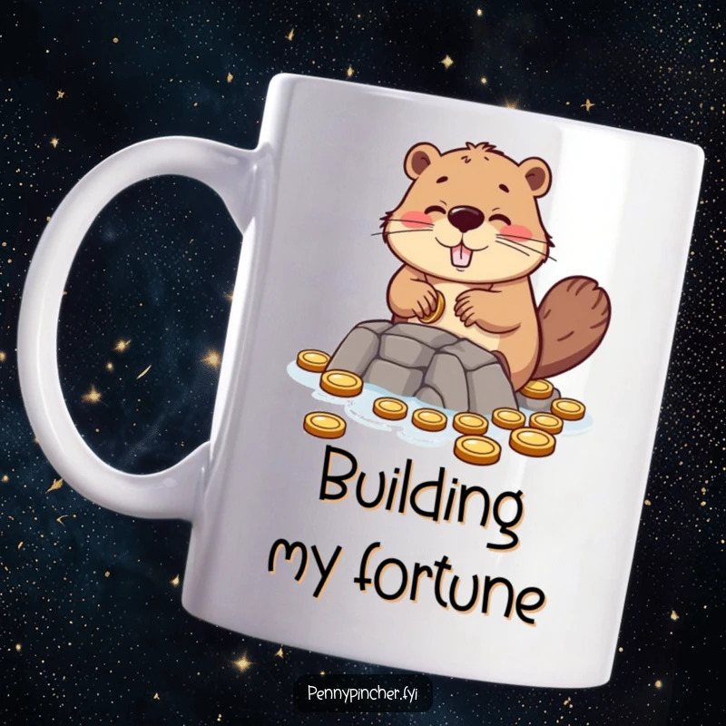 Funny mug showing a hopeful beaver character constructing a dam using small coins, symbolizing financial growth.