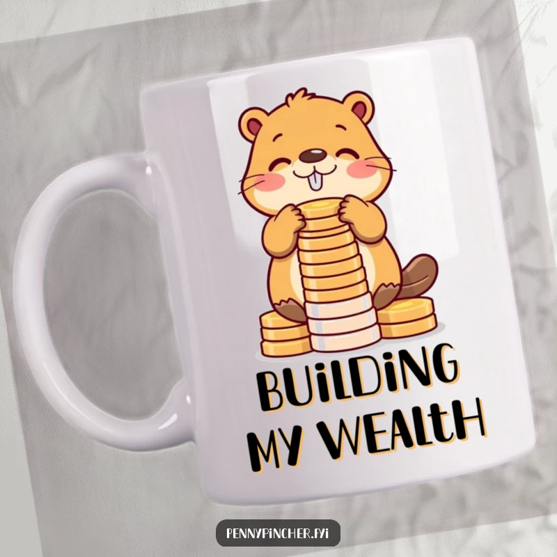 Funny beaver mug showing a diligent beaver meticulously stacking shiny coins into an impressive tower, representing hard work and humor.