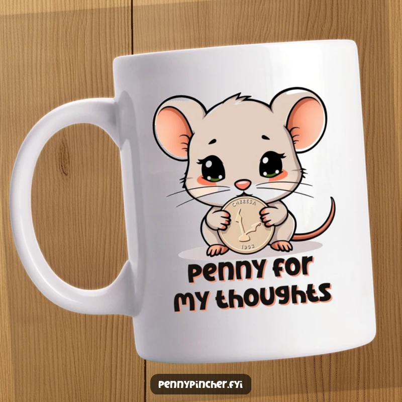 Funny mug featuring a cautious mouse character protectively guarding a single, shiny, gleaming penny with vigilance.