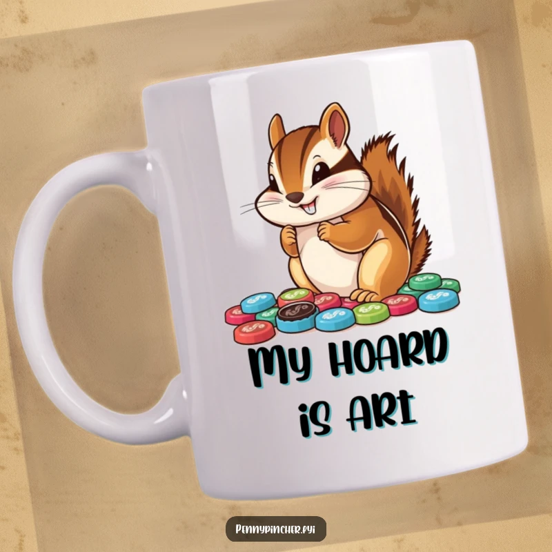 Funny chipmunk mug, energetically arranging a colorful pile of bottle caps with intense focus, showcasing a quirky collector's obsession.