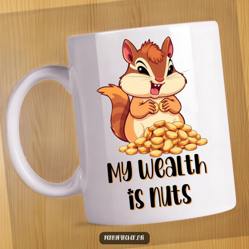 Funny determined chipmunk character mug, busily hoarding a large pile of shiny coins, looking focused.