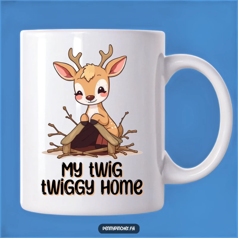 Funny Deer Crafter Mug: Adorable woodland animal making a tiny twig shelter, a funny gift.