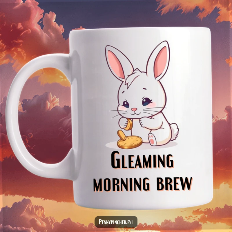 Funny mug with a determined rabbit character meticulously polishing a single shiny penny, full of focus and humor, perfect for a gift.