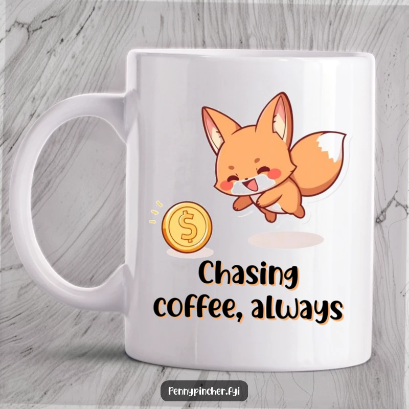 Funny mug featuring a playful fox character with a wide grin, enthusiastically chasing a rolling coin.