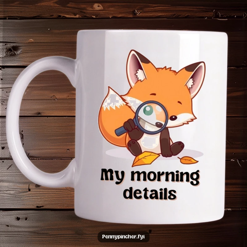 Funny mug featuring a focused fox intently examining a fallen leaf with a magnifying glass, showcasing its investigative nature.