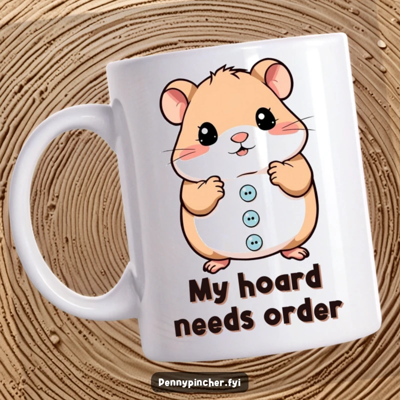 Funny mug with a meticulous hamster character carefully organizing shiny buttons, spreading joy and a love for order.