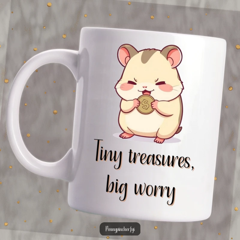 Funny mug features a small hamster character nervously clutching a single shiny coin, looking a bit worried.