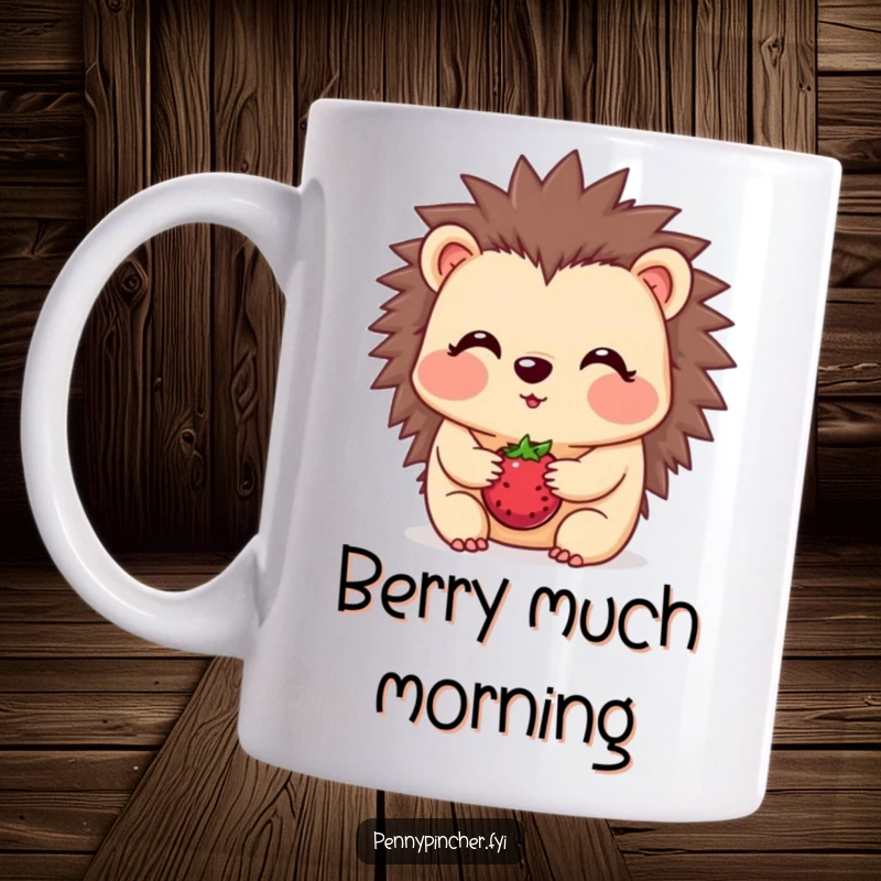 Funny hedgehog mug, a blushing character precariously balancing one berry on its snout, shy and humorous gift.