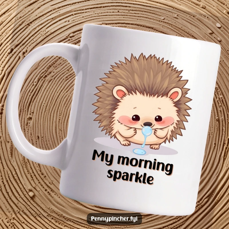 Funny mug featuring a curious hedgehog carefully examining a single glistening dewdrop, showcasing its gentle inquisitiveness.