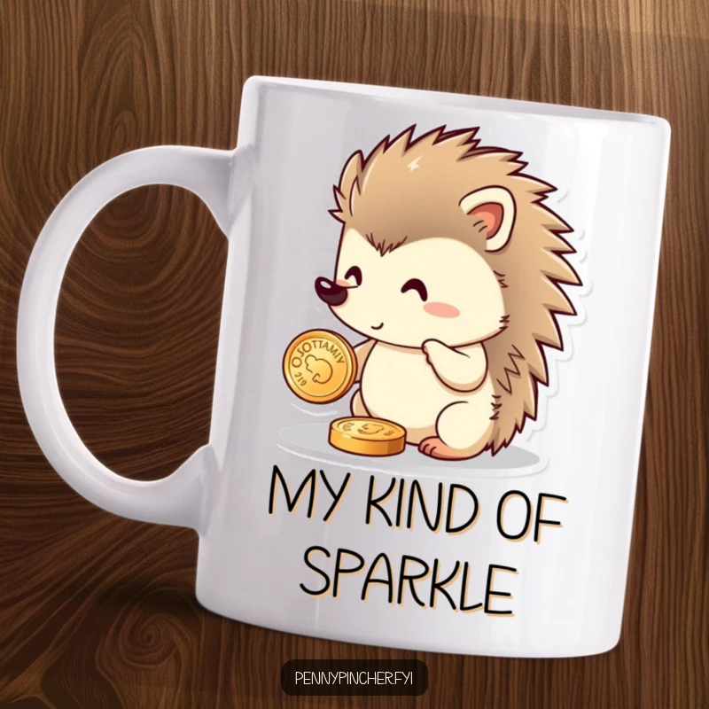 Funny hedgehog mug expertly polishing a single, sparkling coin with a determinedly proud expression, showcasing a love for wealth.