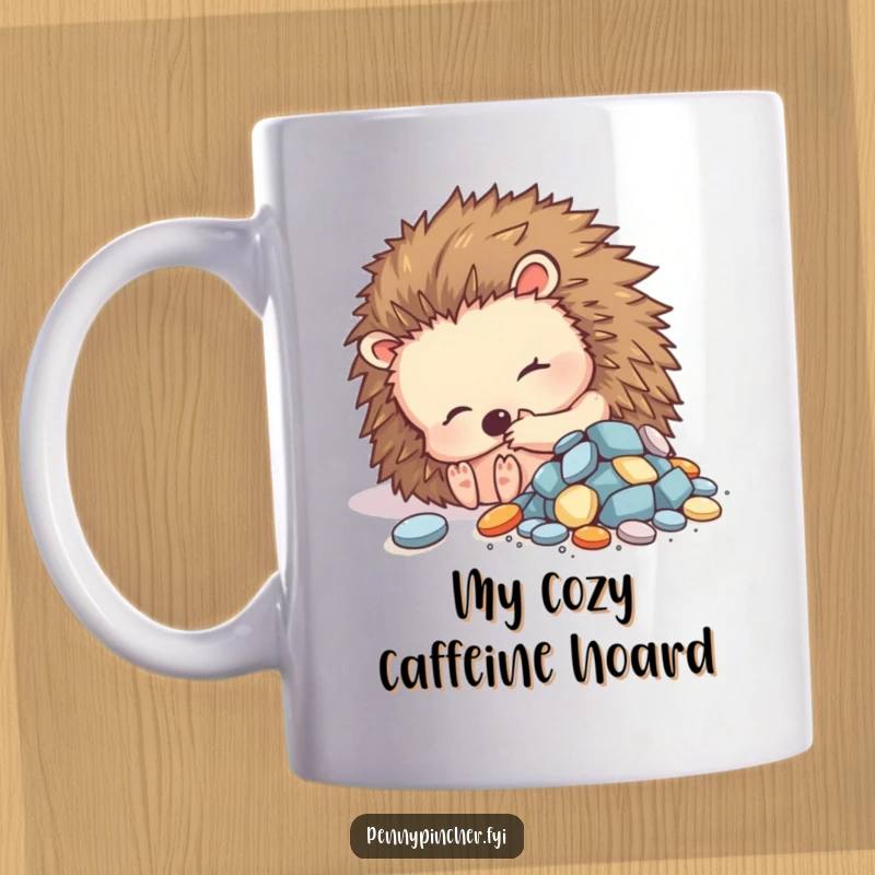 Funny mug featuring a contented hedgehog character curled up comfortably beside a small pile of shiny objects, looking happy.