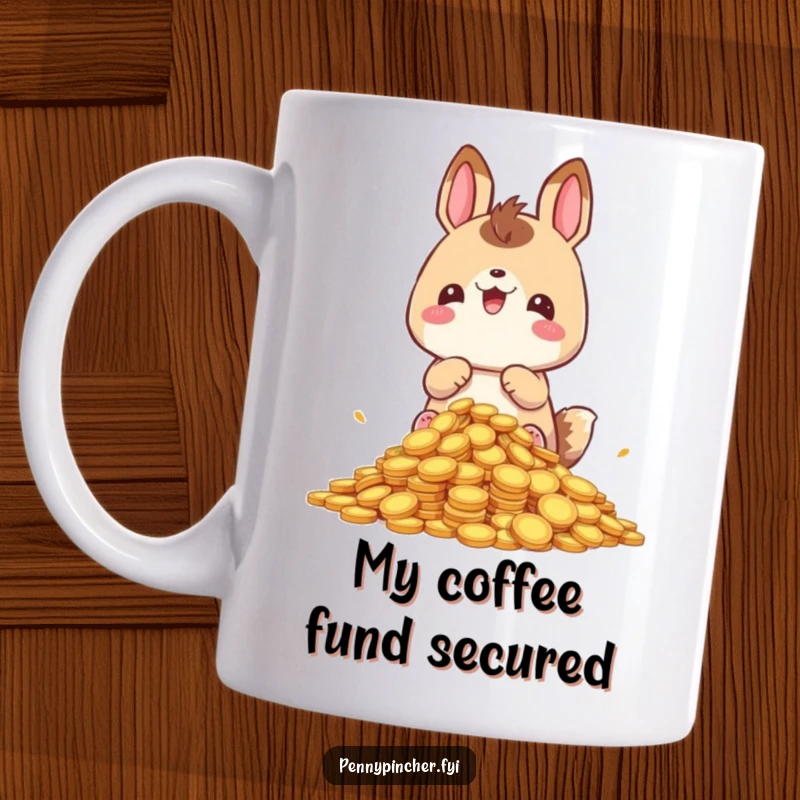 Funny hoarding animal mug, grinning greedily while sitting on a massive pile of coins, a humorous depiction of wealth.