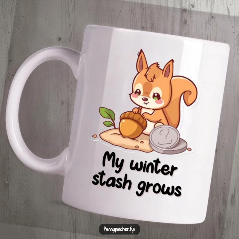 Funny mug with a hopeful squirrel character burying an acorn next to a large coin, symbolizing future wealth with humor, perfect for gifting.