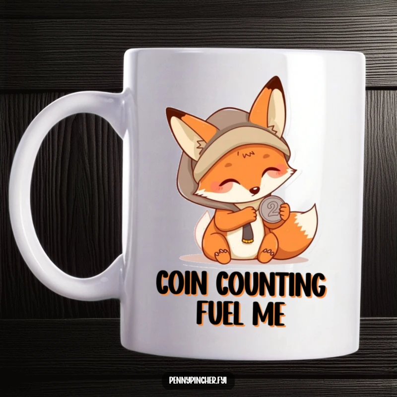 Funny Kawaii fox mug featuring a character carefully examining a single coin, highlighting its resourceful and clever personality, a great gift.
