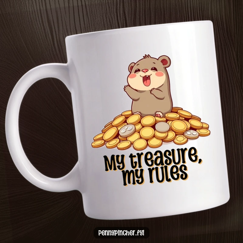 Funny mug featuring a happy mole joyfully emerging from a massive pile of shiny gold coins, symbolizing wealth and good humor.