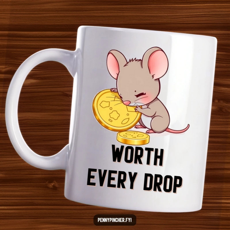 Funny mouse mug showing a tiny mouse intently examining a single, large gold coin, symbolizing focus and the value of small treasures.