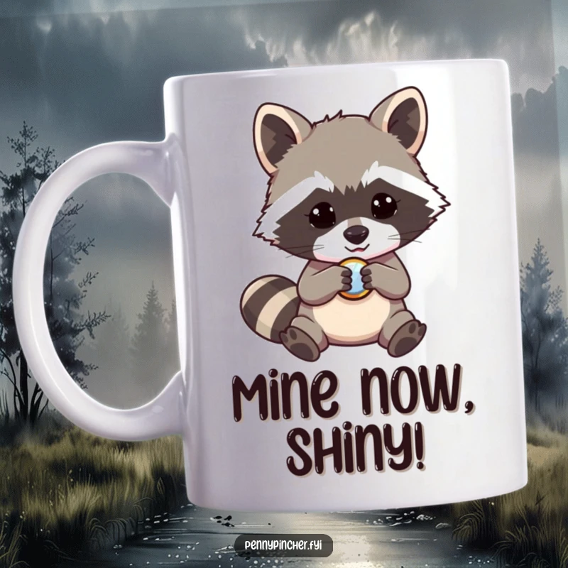 Funny raccoon mug, a mischievous character intently examining a single shiny button with wide, curious eyes, perfect for gift.
