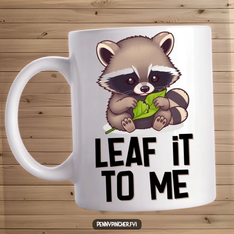 Funny mug showing a clever raccoon carefully mending a tiny torn leaf with skillful paws, highlighting its resourceful nature.