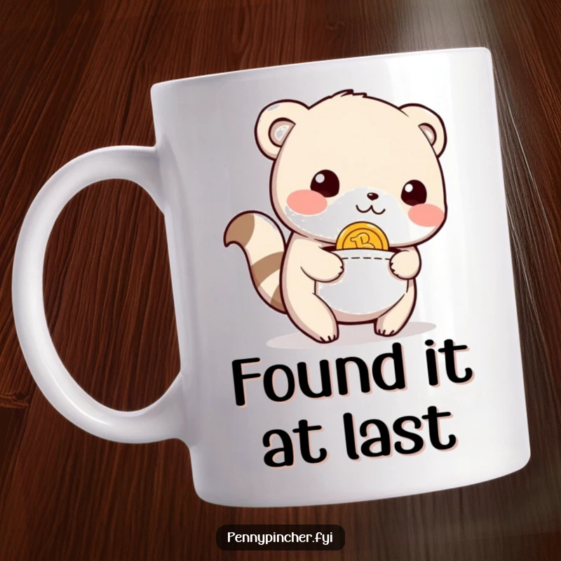 Funny Mug showing a delighted animal character with a sigh of relief, finding a shiny coin in its pocket, expressing pure joy.