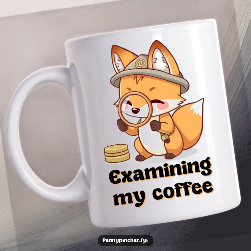 Funny mug featuring a resourceful fox intently peering through a coin held like a magnifying glass, symbolizing curiosity.