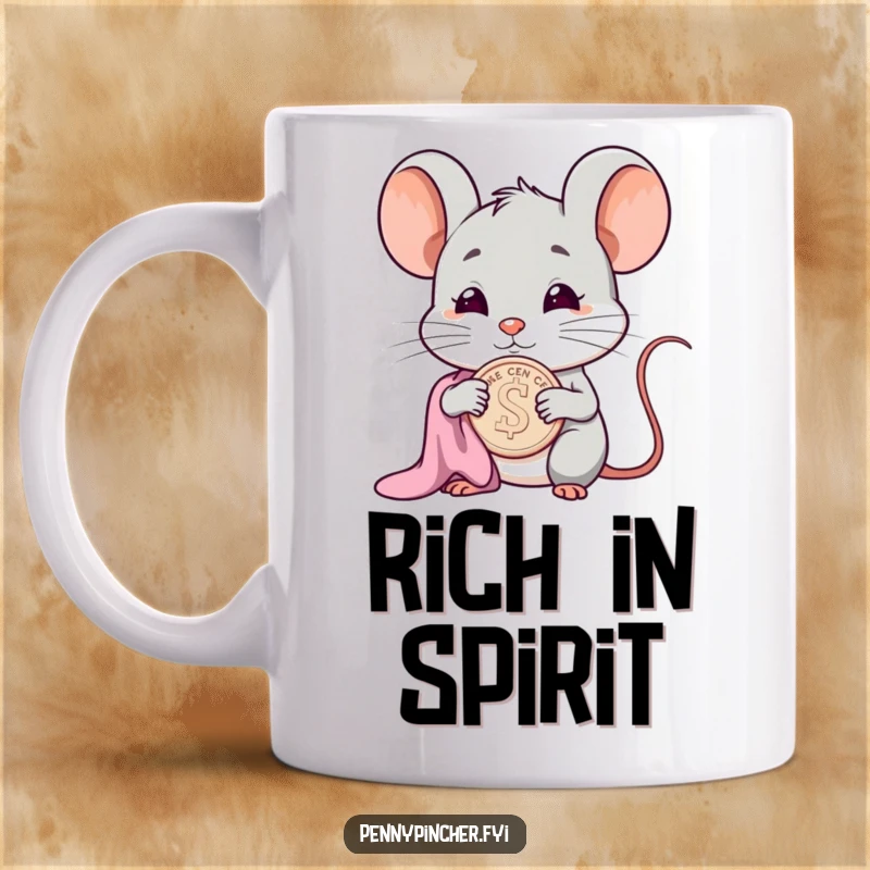 Funny smug mouse character mug, meticulously polishing a single shiny cent with a cloth, exuding pride.
