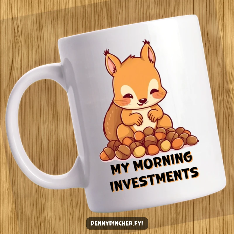 Funny mug features a squirrel character meticulously counting a small pile of acorns with intense focus.