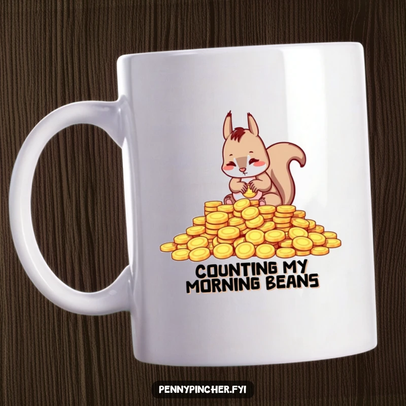Funny mug featuring a squirrel character diligently counting a large pile of shiny gold coins with intense focus.