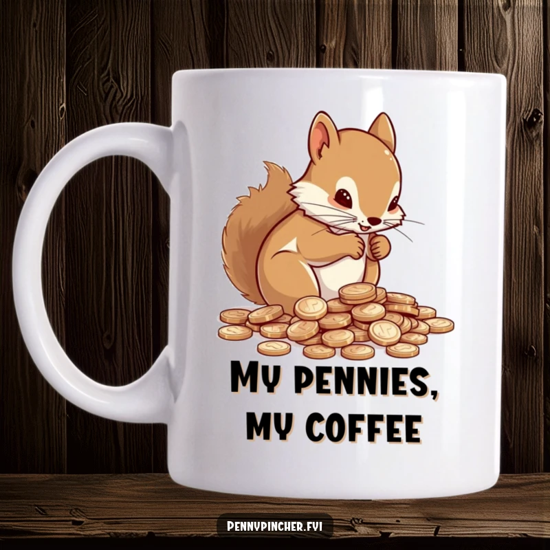 Funny Mug featuring a determined squirrel meticulously counting a large pile of shiny pennies with focus.