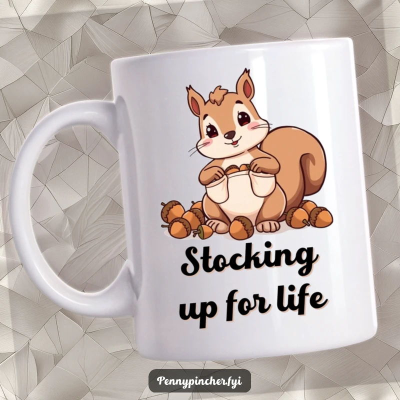 Funny mug featuring a squirrel character comically hoarding acorns with extremely oversized pockets.