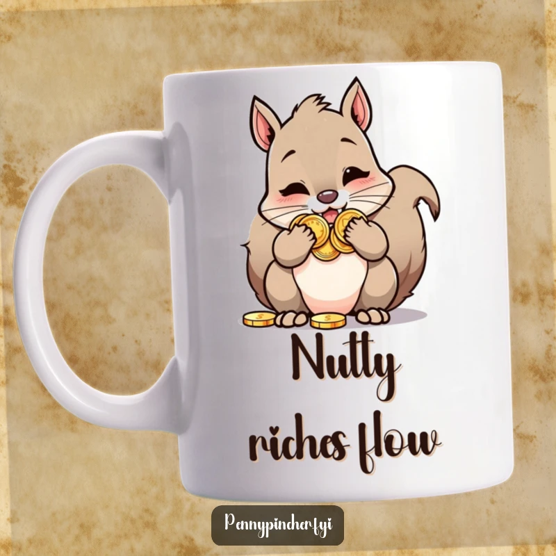 Funny Squirrel Mug: A determined squirrel character with cheeks stuffed full of oversized, shiny coins, looking quite pleased.