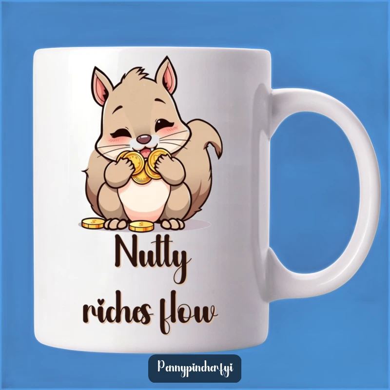Funny Squirrel Mug: Hoarding squirrel w/ coins, a perfect funny treasure gift.