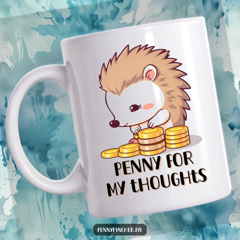 Funny mug featuring a thrifty hedgehog precisely arranging shiny coins, showcasing a character's dedication to saving.