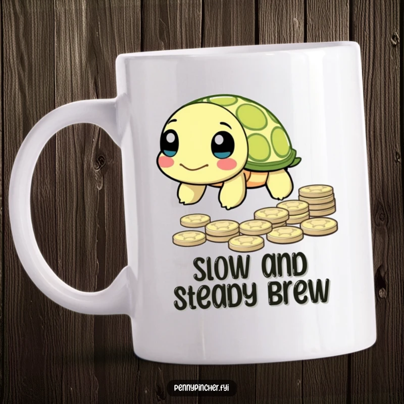 Funny Mug featuring a determined turtle character slowly inching towards a pile of shiny pennies, symbolizing patience.