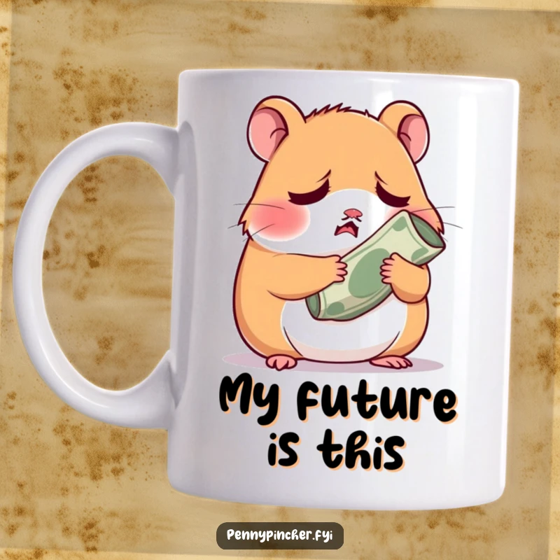 Funny worried hamster clutching a small rolled-up bill, expressing financial stress on this humorous mug.