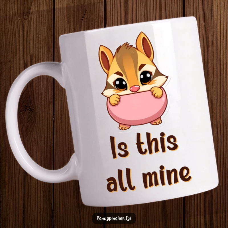 Funny mug featuring a cautious chipmunk character peeking into a piggy bank with wide eyes, full of humorous curiosity and thriftiness, ideal for gifting.