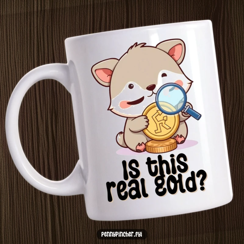Funny mug, squinting animal character examining a coin with a magnifying glass, symbolizing curiosity and detailed inspection with humor.