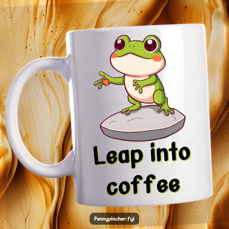 Funny mug featuring a clever frog character using a large coin as a stepping stone, symbolizing resourcefulness and success with humor, perfect for gifting.