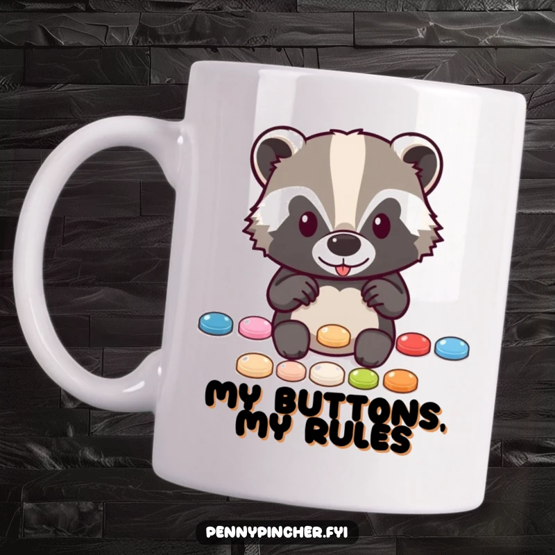 Funny mug featuring a diligent badger character meticulously organizing a neat row of shiny buttons with a focused expression.