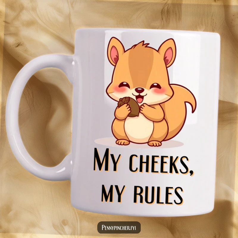 Funny mug featuring a cute, pleased squirrel character stuffing its cheeks full of acorns, looking extremely happy and ready to hoard more.