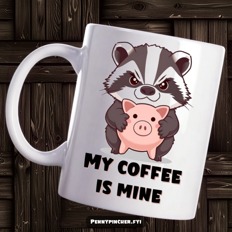 Funny mug features a grumpy badger character with crossed arms, fiercely guarding a tiny piggy bank.
