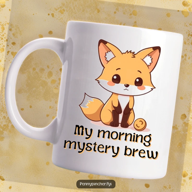 Funny Mug featuring a curious fox character looking quizzically at a single dropped coin, expressing wonder.