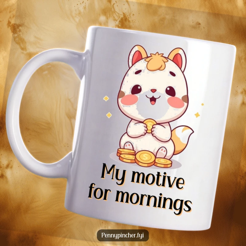 Funny mug showing a cute animal character with wide eyes, happily counting a pile of coins with glee, a humorous money-themed gift.