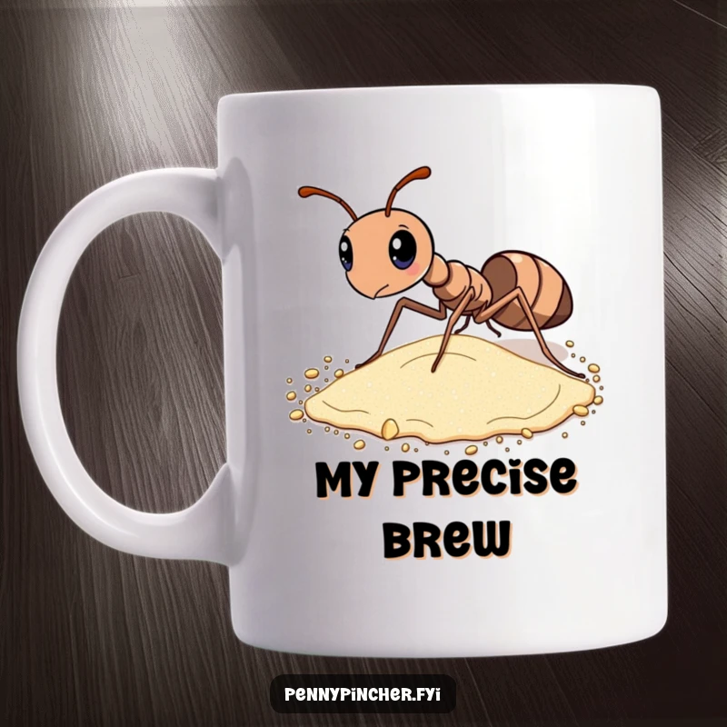Funny mug featuring a diligent ant meticulously sorting grains of sand by size, showcasing its focused effort.
