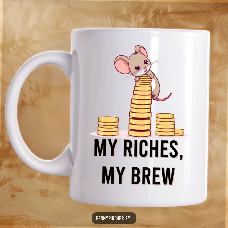 Funny Mug featuring an ambitious mouse carefully stacking shiny coins into a wobbly tower.