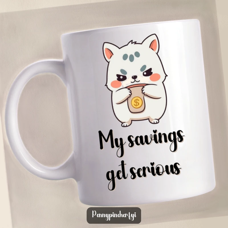 Funny mug, determined animal character clutching a coin purse tightly, symbolizing saving money with a serious expression.
