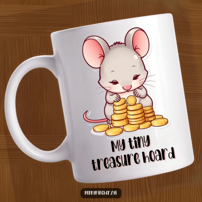 Funny mug with a shy mouse character carefully counting a small pile of coins, looking a bit nervous but determined, great for gift-givers.