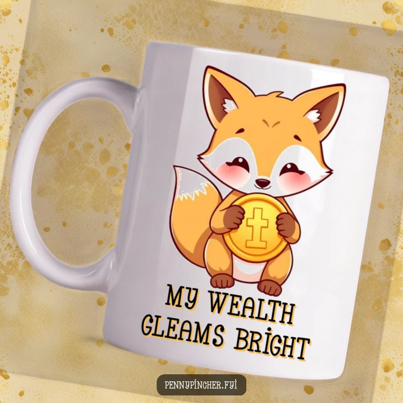 Funny mug featuring a proud fox character meticulously polishing a gleaming gold coin, symbolizing wealth and wit.