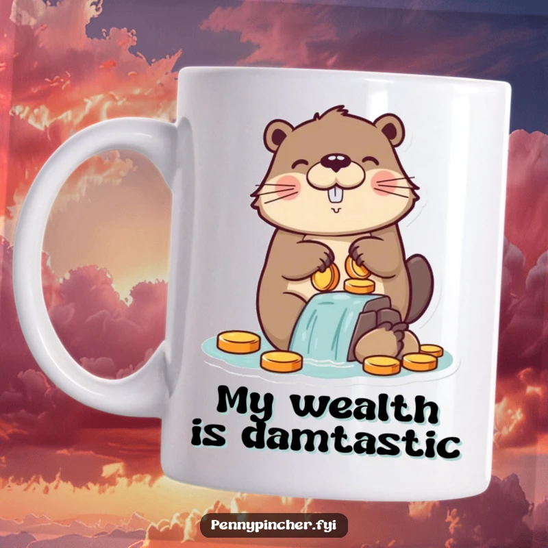 Funny mug with a proud beaver character meticulously building a dam using shiny gold coins, showcasing financial ambition with a humorous touch.